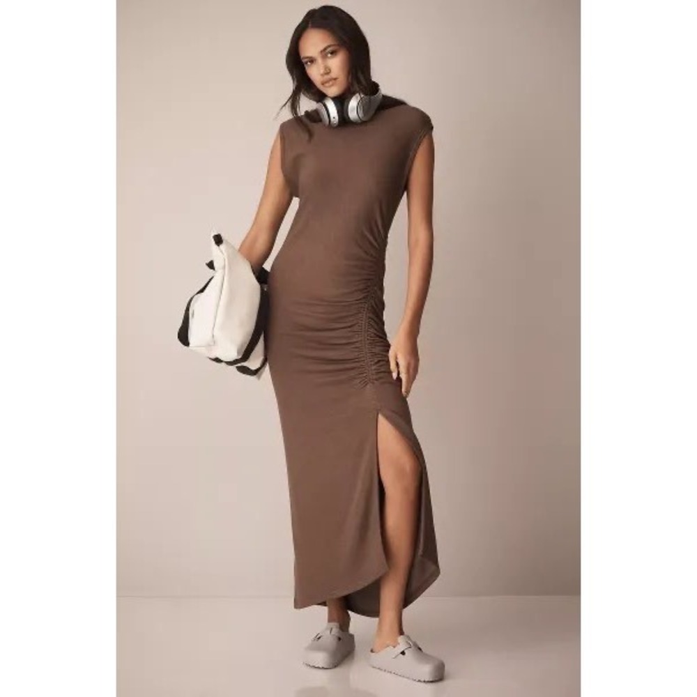 Anthropologie Brown Ruched Side-Slit Maxi Dress
